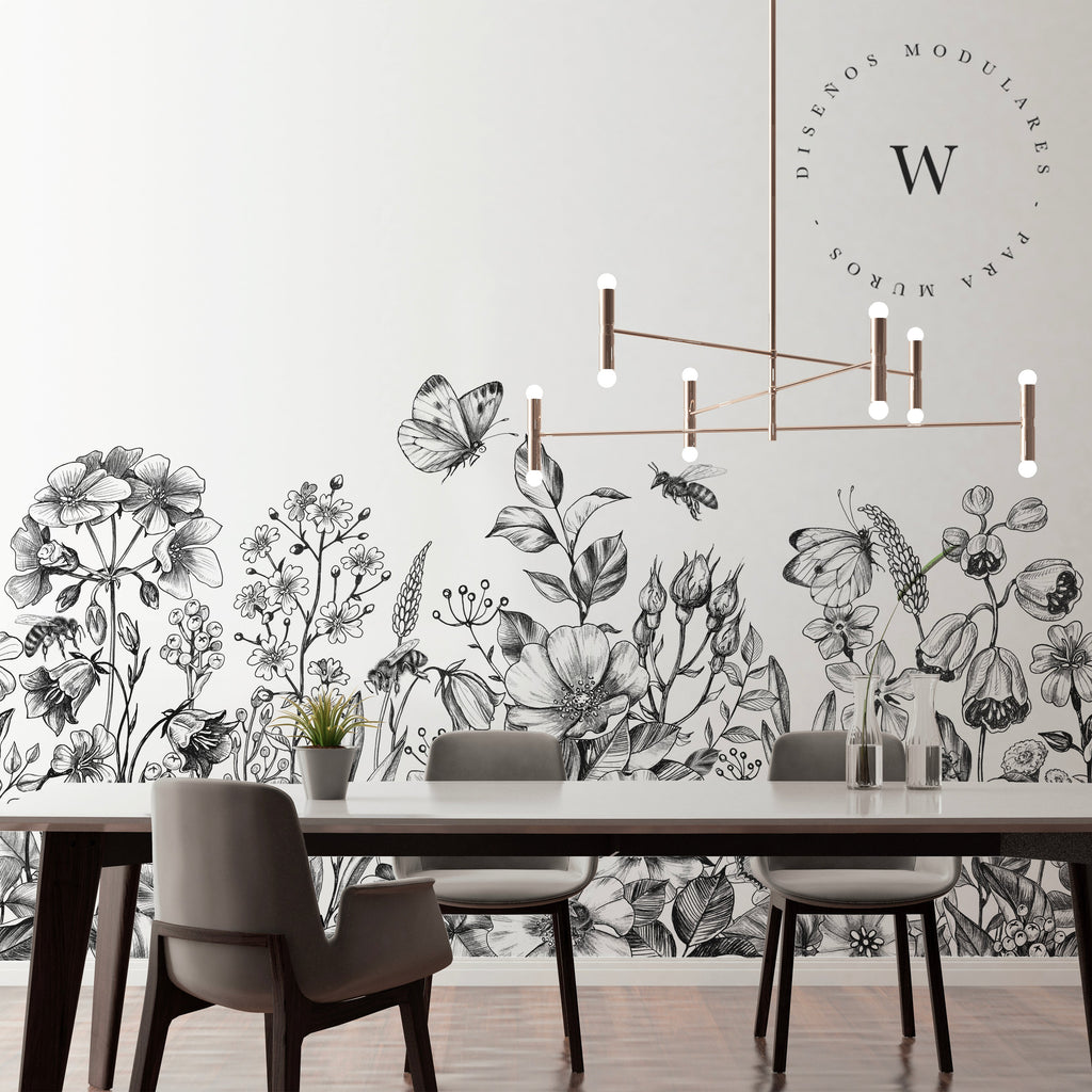 Papel Mural y Vinilico Autoadhesivo para muros de la marca The Wall, diseño de tendencia Black Flowers