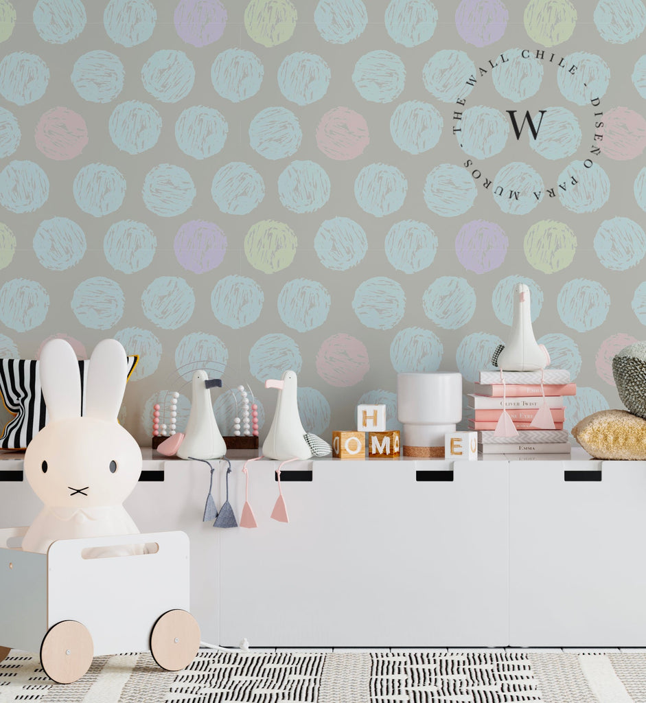 Papel Mural, Papel Pintado, Wallpaper, Mural, Empavonados, Vinilico Autoadhesivo para muros de la marca The Wall, diseño de tendencia Pastel Dots