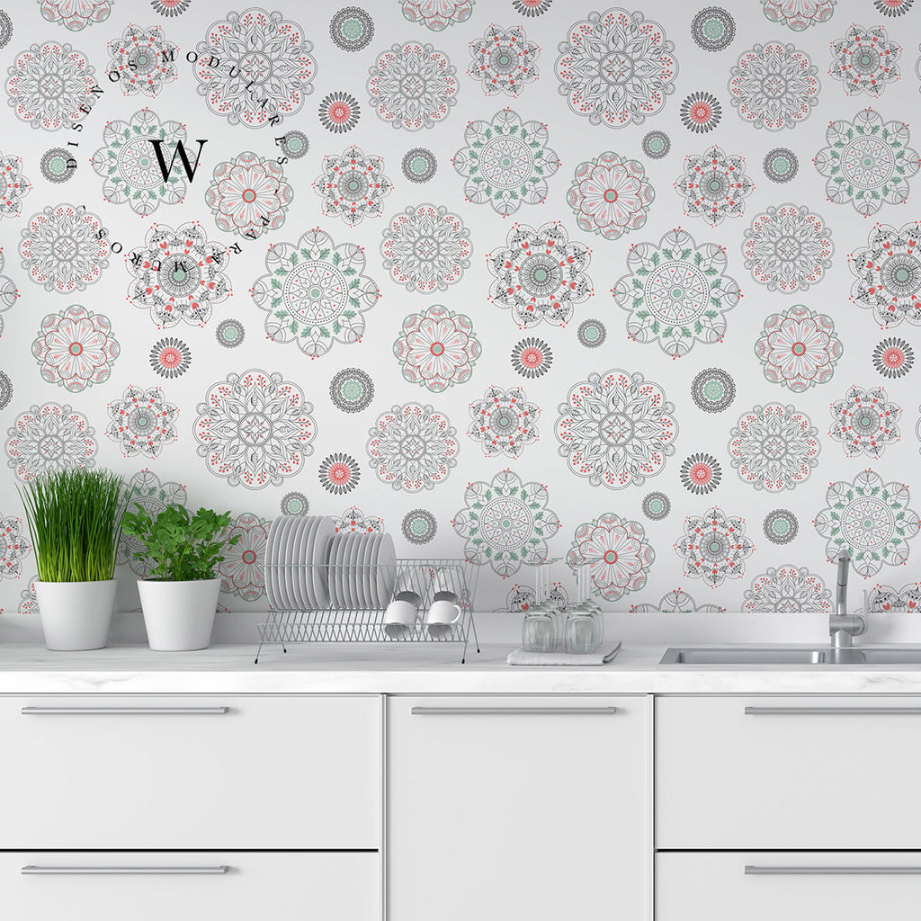Papel Mural y Vinilico Autoadhesivo para muros de la marca The Wall, diseño de tendencia Soft Mandala