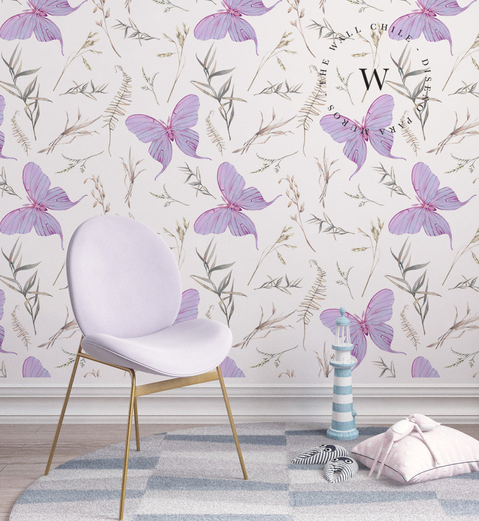 Papel Mural, Papel Pintado, Wallpaper, Mural, Empavonados, Vinilico Autoadhesivo para muros de la marca The Wall, diseño de tendencia Violet Butterfly