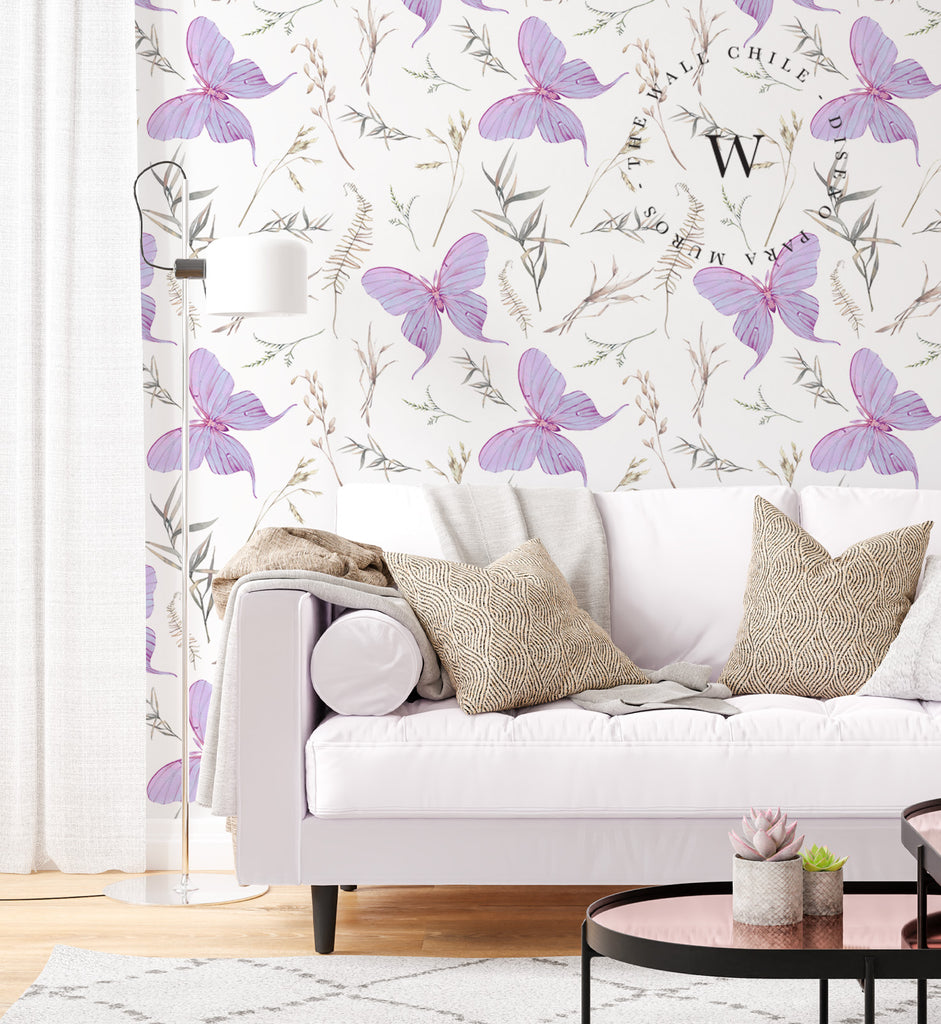 Papel Mural, Papel Pintado, Wallpaper, Mural, Empavonados, Vinilico Autoadhesivo para muros de la marca The Wall, diseño de tendencia Violet Butterfly