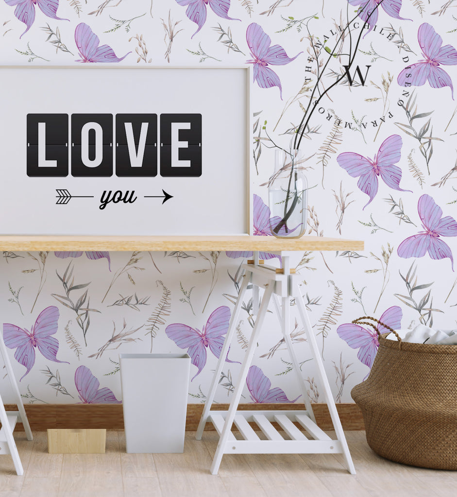 Papel Mural, Papel Pintado, Wallpaper, Mural, Empavonados, Vinilico Autoadhesivo para muros de la marca The Wall, diseño de tendencia Violet Butterfly