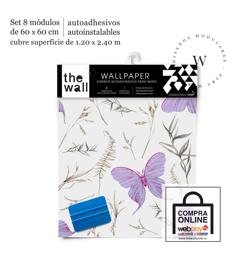Papel Mural, Papel Pintado, Wallpaper, Mural, Empavonados, Vinilico Autoadhesivo para muros de la marca The Wall, diseño de tendencia Violet Butterfly